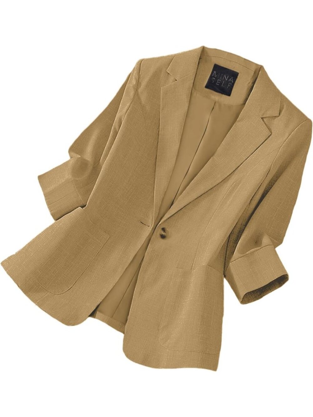Women Caramel Cowl Neck 3/4 Sleeve Button Pockets Breathable Molded Linen Blazer